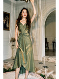 Vintage Sheath Spaghetti Straps Sleeveless Olive Green Prom Dresses Evening Dress HZ1024