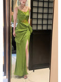 Vintage Sheath Spaghetti Straps Sleeveless Green Slit Prom Dresses Evening Dress HZ1024