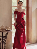 Sexy Mermaid Red Long Prom Dresses Satin Birthday Outfits HZ1024