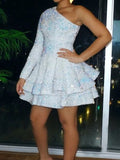 Sparkly Sequin Short A Line One Shoulder African Women Formal Long Sleeve Homecoming Dress Birthday Outfit HZ1024