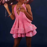 Sparkly Prom Dresses Short Sequin Halter Tiered Glitter Homecoming Dresses HZ1024