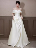 Elegant A line Off The Shoulder Satin Ruffles Long White Wedding Dresses HZ1024