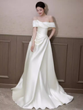 Elegant A line Off The Shoulder Satin Ruffles Long White Wedding Dresses HZ1024