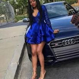 Long Sleeves V-Neck Lace Prom Dress Sequins Blue Short Homecoming Dresses HZ1024