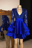 Long Sleeves V-Neck Lace Prom Dress Sequins Blue Short Homecoming Dresses HZ1024