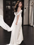 Simple A line Off The Shoulder Satin Ruffles Long White Wedding Dresses HZ1024