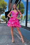 Pretty A-Line Off the Shoulder Hot Pink Sequin Lace Short Homecoming Dresses HZ1024