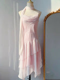 Classic A Line Spaghetti Straps Pink Chiffon Prom Dress With Ruffles HZ1024