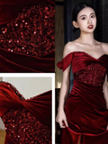 Sexy Mermaid Burgundy Off The Shoulder Long Prom Dresses Satin Birthday Outfits HZ1024