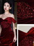 Sexy Mermaid Burgundy Off The Shoulder Long Prom Dresses Satin Birthday Outfits HZ1024
