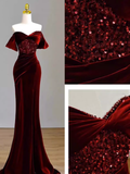 Sexy Mermaid Burgundy Off The Shoulder Long Prom Dresses Satin Birthday Outfits HZ1024