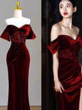 Sexy Mermaid Burgundy Off The Shoulder Long Prom Dresses Satin Birthday Outfits HZ1024