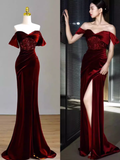 Sexy Mermaid Burgundy Off The Shoulder Long Prom Dresses Satin Birthday Outfits HZ1024