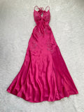 Sexy Sheath Spaghetti Straps Sleeveless Hot Pink Satin Backless Prom Dresses Evening Gowns HZ1024