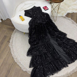 Modest Ball Gown Strapless Black Sequin Floor Length Slit Prom Dresses Evening Gowns HZ1024