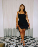 Sexy Sheath Halter Black Satin Homecoming Dresses Short Hoco Dress With Feather HZ1024