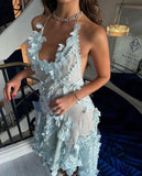 Classy High Low Halter Light Sky Blue Satin Prom Dresses With Flowers Backless Prom Gowns HZ1024
