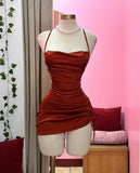 Simple Sheath Halter Burgundy Satin Homecoming Dresses Short Cocktail Dress With Ruffles HZ1024