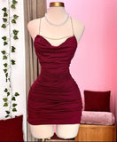 Simple Sheath Spaghetti Straps Burgundy Homecoming Dresses Short Cocktail Dress With Ruffles HZ1024