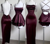 Pretty Sheath Spaghetti Straps Burgundy Backless Prom Dresses Birthday Party Dress HZ1024