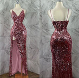Pretty Sheath Spaghetti Straps Sequin Long Prom Dresses Glitter Slit Evening Dress HZ1024
