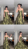 Pretty Ball Gown Strapless Green Satin Long Prom Dresses With Silver Beads HZ1024