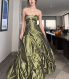 Pretty Ball Gown Strapless Green Satin Long Prom Dresses With Silver Beads HZ1024