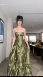 Pretty Ball Gown Strapless Green Satin Long Prom Dresses With Silver Beads HZ1024