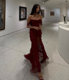 Sexy Sheath Strapless Red Chiffon Floor Length Prom Dresses Evening Dress HZ1024
