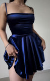 Simple A Line Spaghetti Straps Navy Blue Birthday Outfits Satin Homecoming Dresses HZ1024