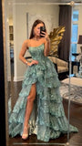Fancy Ball Gown Strapless Light Green Lace Long Prom Dresses Evening Dress HZ1024