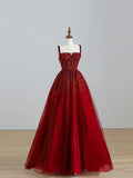 Pretty A line Straps Tulle Sequin Long Burgundy Prom Dresses Formal Evening Dress HZ1024