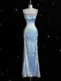 Elegant Mermaid Spaghetti Straps Tassel Blue Long Prom Dresses Formal Dress HZ1024