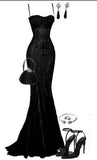 Elegant Mermaid Spaghetti Straps Lace Black Long Prom Dresses Formal Dress HZ1024