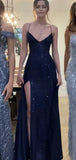 Pretty Sheath Spaghetti Straps Slit Navy Blue Sequin Prom Dresses Evening Dress HZ1024