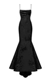 Modest Mermaid Spaghetti Straps Black Floral Satin Long Prom Dresses Evening Dress HZ1024