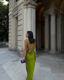 Modest Sheath Spaghetti Straps Green Backless Long Prom Dresses Evening Dress HZ1024