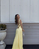 Modest Sheath Spaghetti Straps Yellow Satin Long Prom Dresses Evening Dress HZ1024