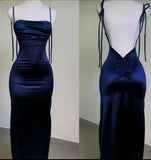Modest Sheath Spaghetti Straps Navy Blue Satin Prom Dresses Evening Dress HZ1024