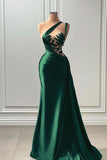 Modest Mermaid One Shoulder Green Long Satin Prom Dresses Evening Dress HZ1024