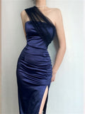 Modest Sheath One Shoulder Sleeveless Navy Blue Slit Satin Prom Dresses Long Evening Dress HZ1024
