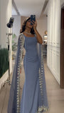 Modest Sheath Square Neckline With Long Sleeves Blue Beads Prom Dresses Long Evening Dress HZ1024
