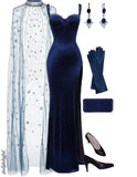 Modest Sheath Straps Navy Blue Velvet Slit Prom Dresses Long Evening Dress HZ1024