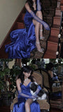Elegant Sheath Sweetheart Sleeveless Blue Satin Slit Prom Dresses Long Evening Dress HZ1024