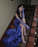 Elegant Sheath Sweetheart Sleeveless Blue Satin Slit Prom Dresses Long Evening Dress HZ1024
