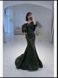 Elegant Mermaid Off The Shoulder Green Satin Prom Dresses With Ruffle Long Evening Dress HZ1024