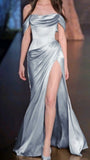 Pretty A line Off The Shoulder Light Blue Satin Prom Dresses With Ruffle Long Evening Dress HZ1024