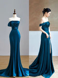 Pretty Mermaid Off The Shoulder Slit Satin Prom Dresses With Ruffle Long Evening Dress HZ1024