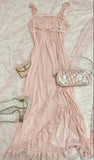 Pretty A line Spaghetti Straps Sleeveless Pink Lace Prom Dresses Long Evening Dress HZ1024