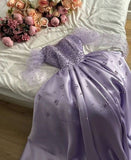 Pretty Ball Gown Strapless Long Puffy Sleeves Lilac Satin Pearls Prom Dresses Long Evening Dress HZ1024